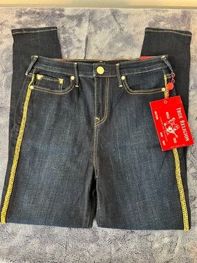 True Religion Caia Ultra High Rise Skinny Jeans Gold Chain Side Trim Size 32 NWT